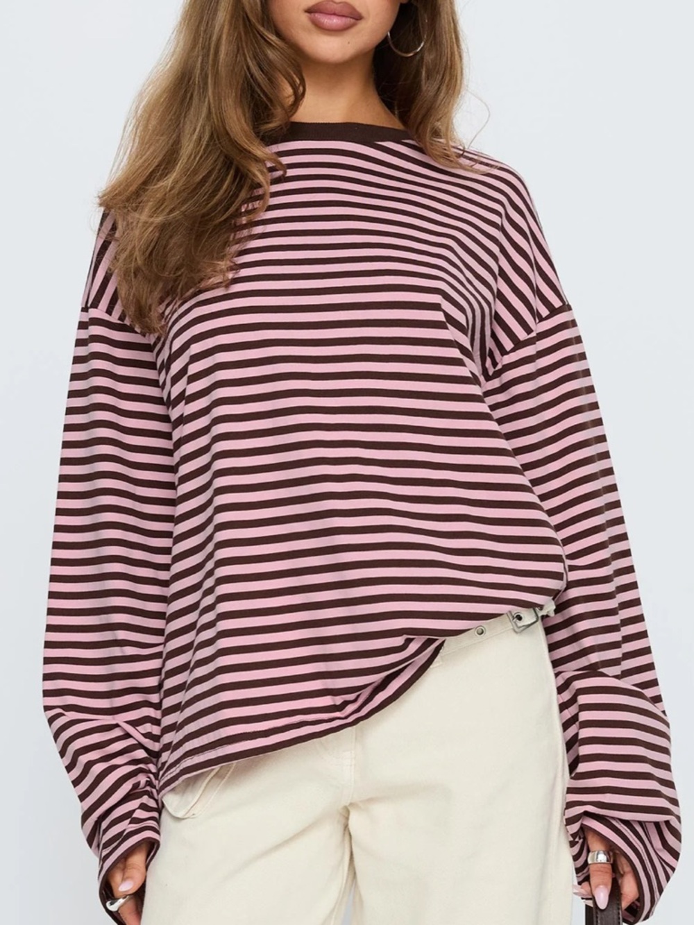Princess Polly Settle Down Long Sleeve Pink/Brown Stripe